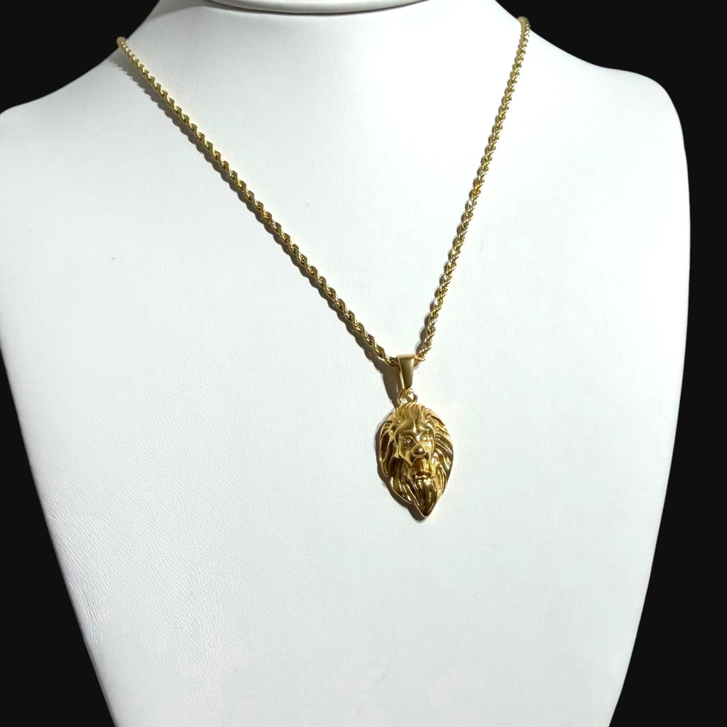 Gold Lion Pendant Necklace, Stainless Steel Necklace for Men, Lion Head Charm, 14K Gold Waterproof Necklace, Gift for Him, Hypoallergenic Jewelry