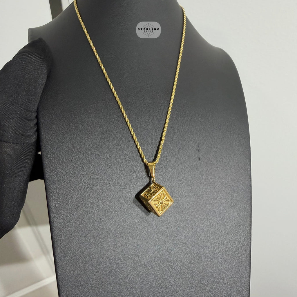 Gold Chrome Cross Dice Pendant Necklace, Stainless Steel Necklace for Men, Dice Charm Pendant, 14K Gold Waterproof Necklace, Gift for Him