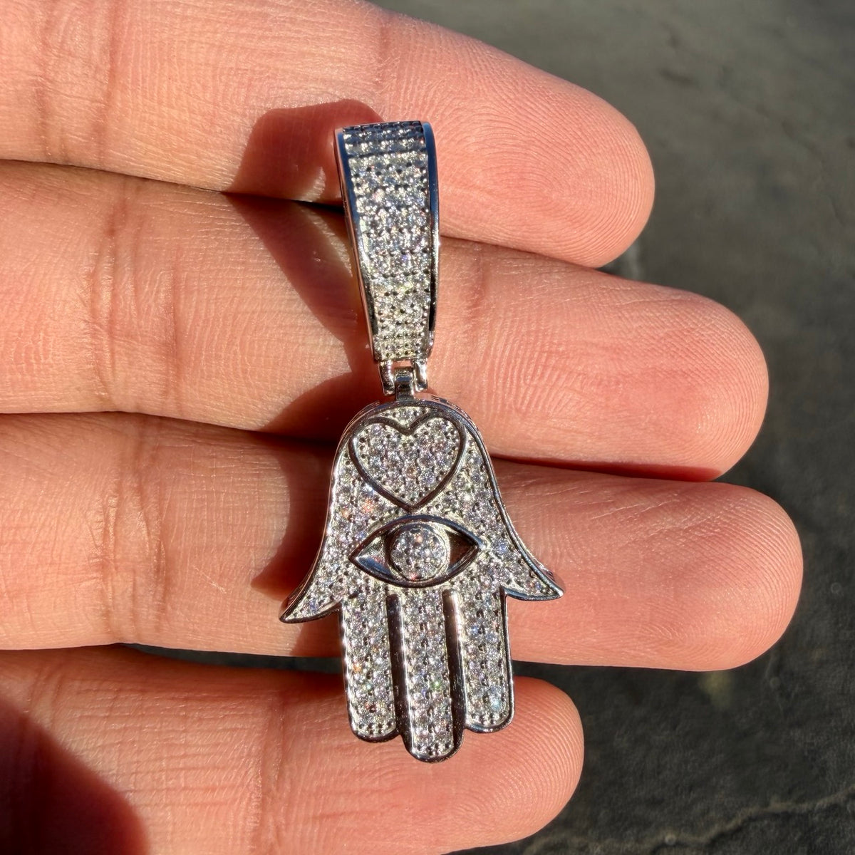 Moissanite Hamsa Hand Heart Iced Pendant + Steel Rope Chain