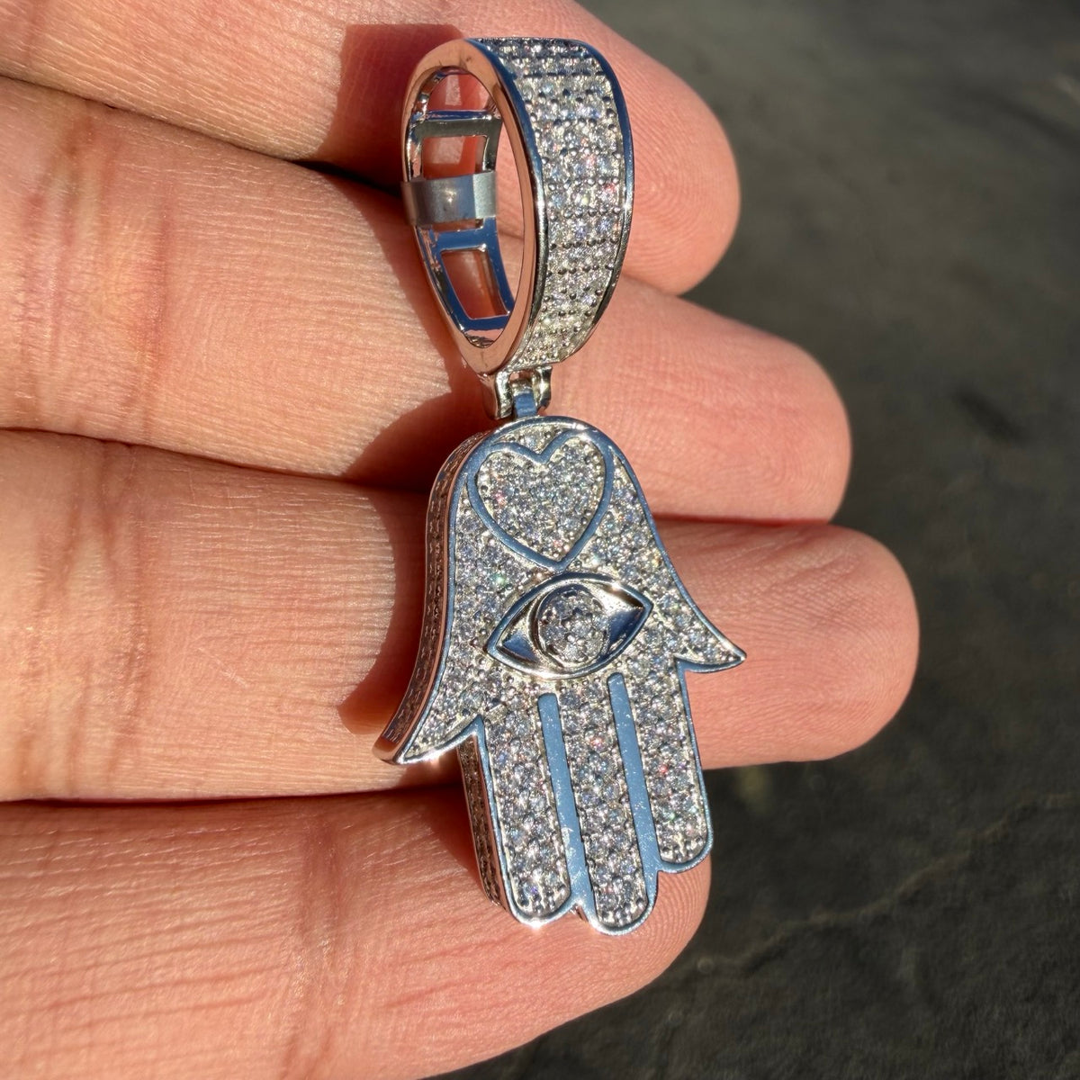 Moissanite Hamsa Hand Heart Iced Pendant + Steel Rope Chain