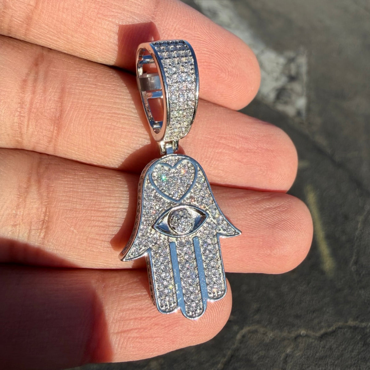 Moissanite Hamsa Hand Heart Iced Pendant + Steel Rope Chain