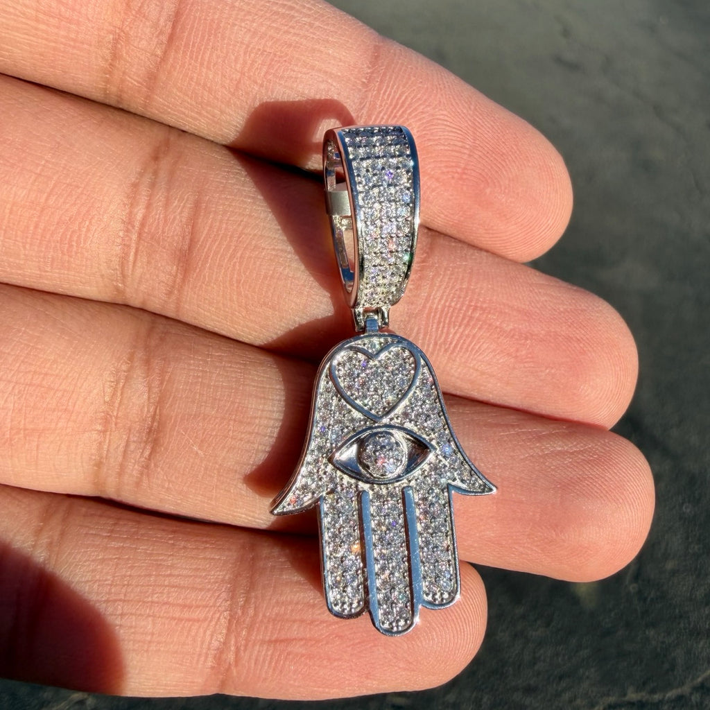 Moissanite Hamsa Hand Heart Iced Pendant + Steel Rope Chain