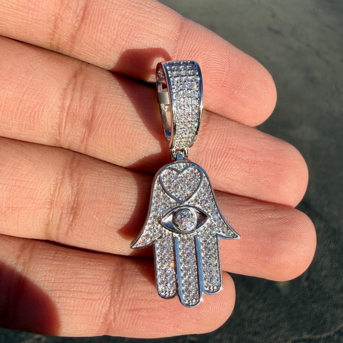 Moissanite Hamsa Hand Heart Iced Pendant + Steel Rope Chain