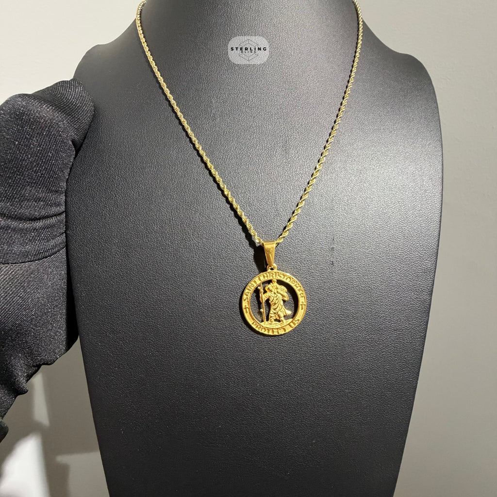 Gold Saint Christopher Pendant Necklace, Stainless Steel Necklace for Men, Religious Catholic Pendant, 14K Gold Waterproof Necklace, Gift for Him