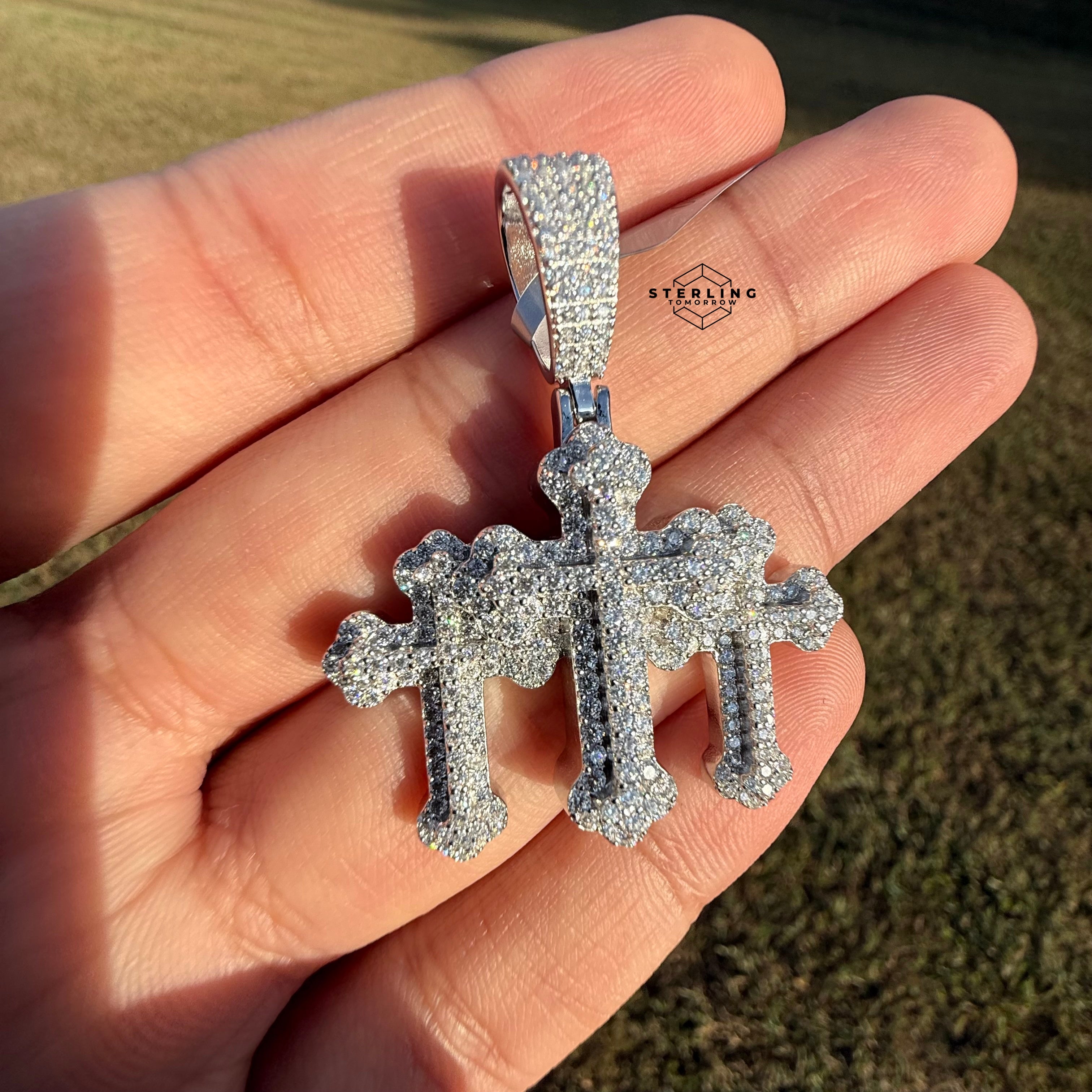 Moissanite Triple CROSS Iced Pendant