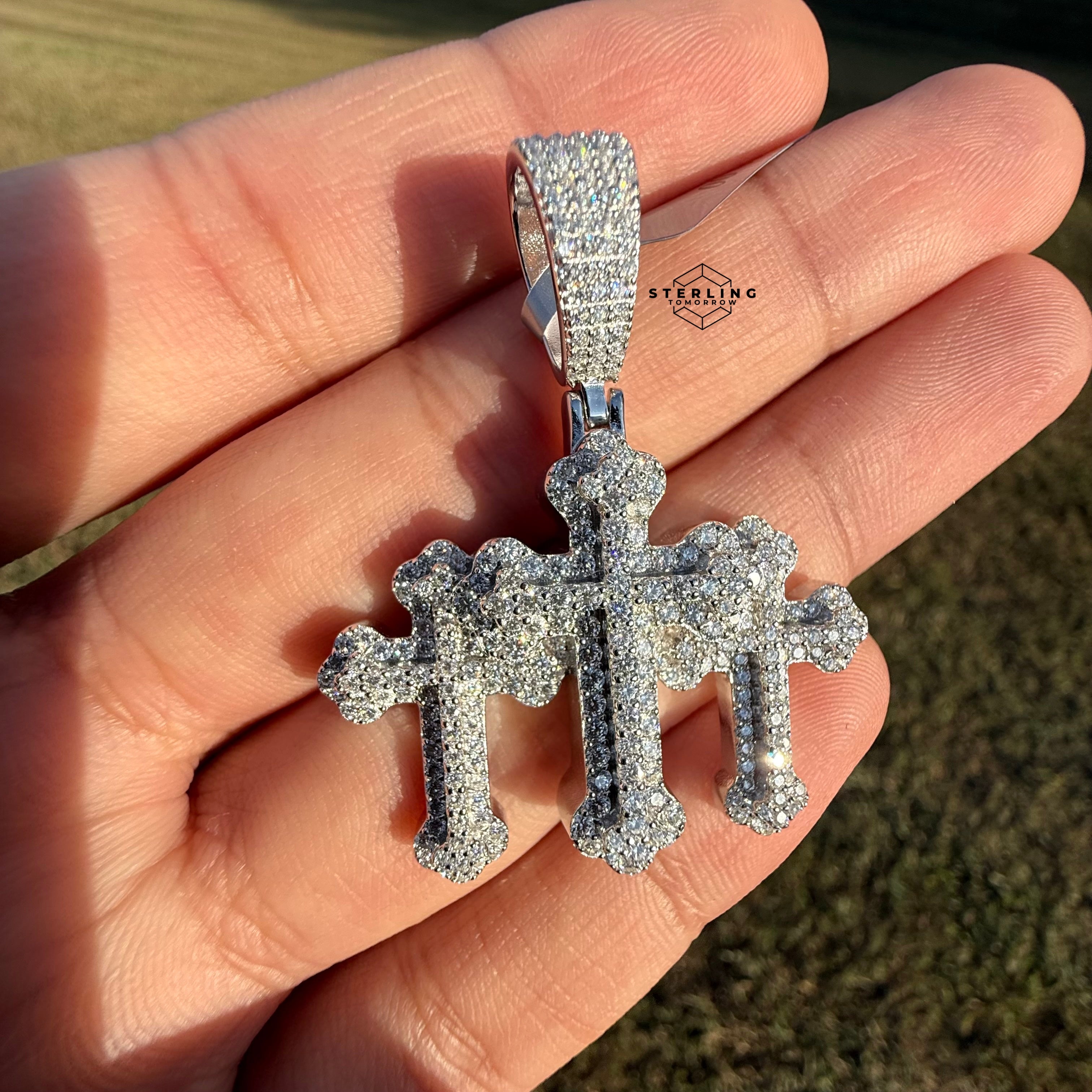 Moissanite Triple CROSS Iced Pendant