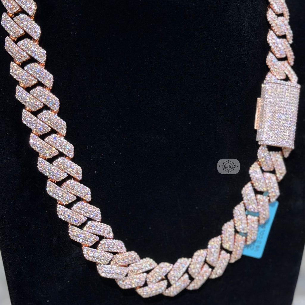 Moissanite 20mm Rose Gold over Silver 3D Cuban Chain