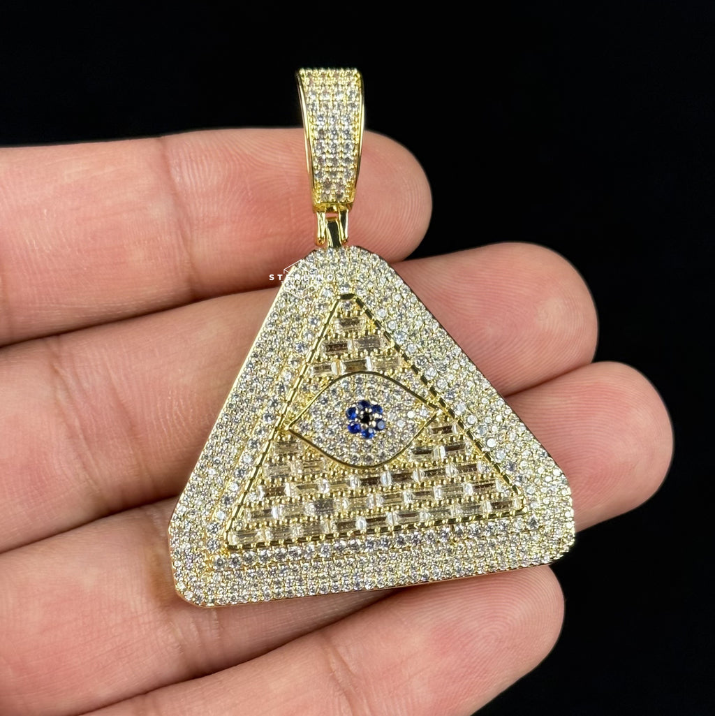 Evil Eye Pyramid Pendant Necklace | Iced Out CZ Triangle Pendant | 14K Gold Plated Hip Hop Jewelry | Protection Jewelry Gift