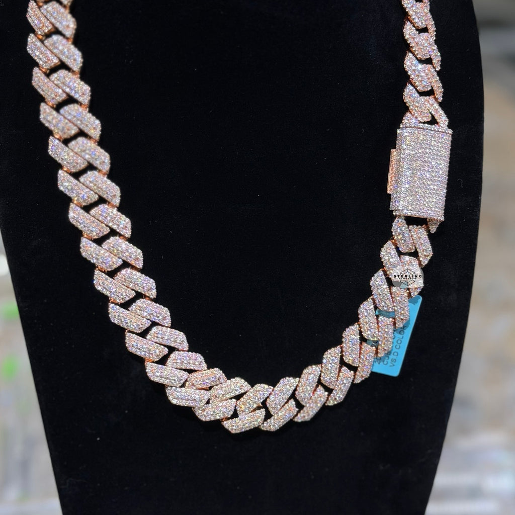 Moissanite 20mm Rose Gold over Silver 3D Cuban Chain