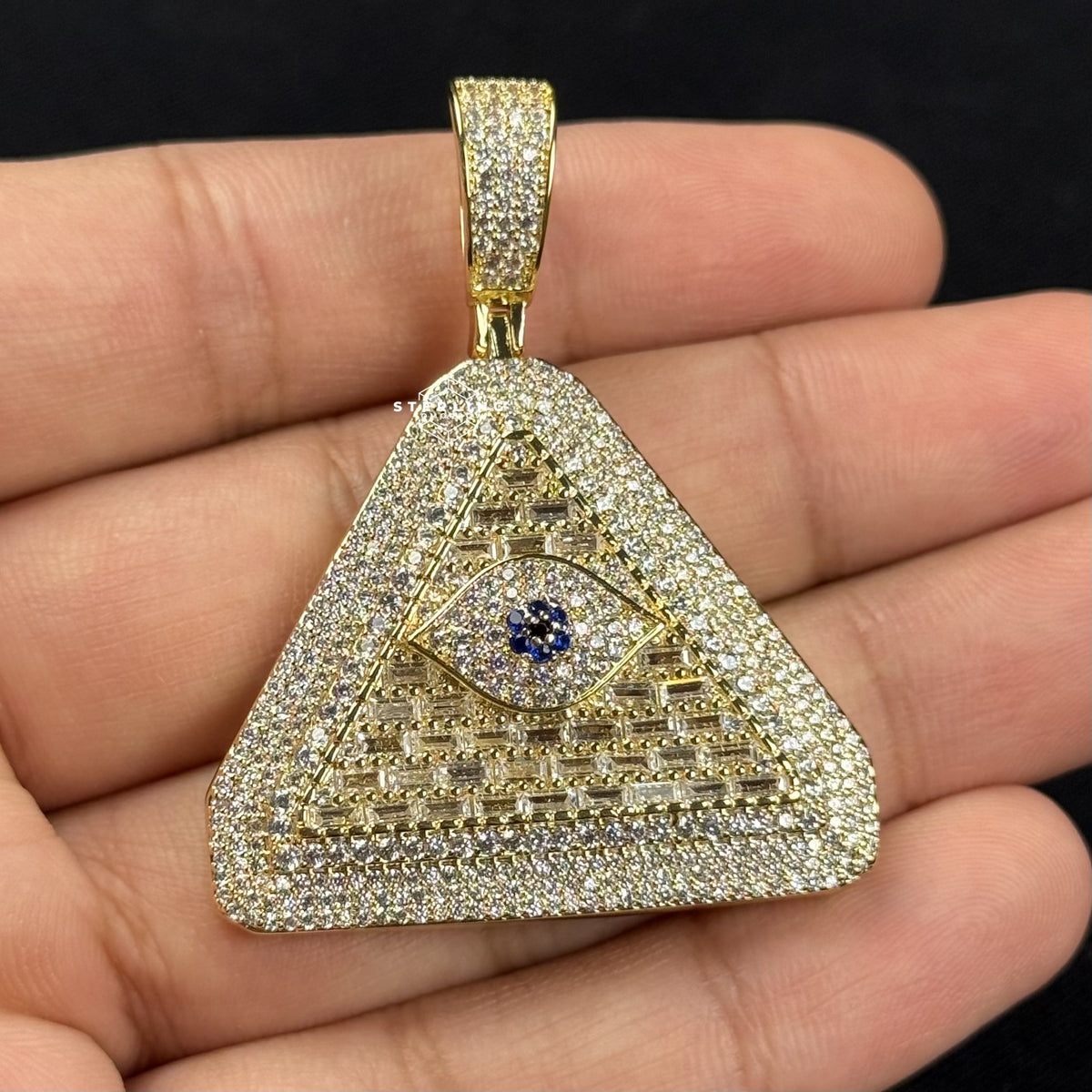 Evil Eye Pyramid Pendant Necklace | Iced Out CZ Triangle Pendant | 14K Gold Plated Hip Hop Jewelry | Protection Jewelry Gift