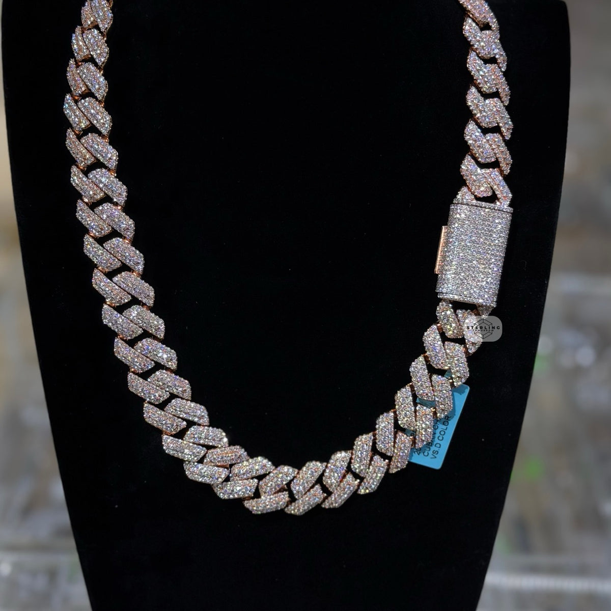 Moissanite 20mm Rose Gold over Silver 3D Cuban Chain