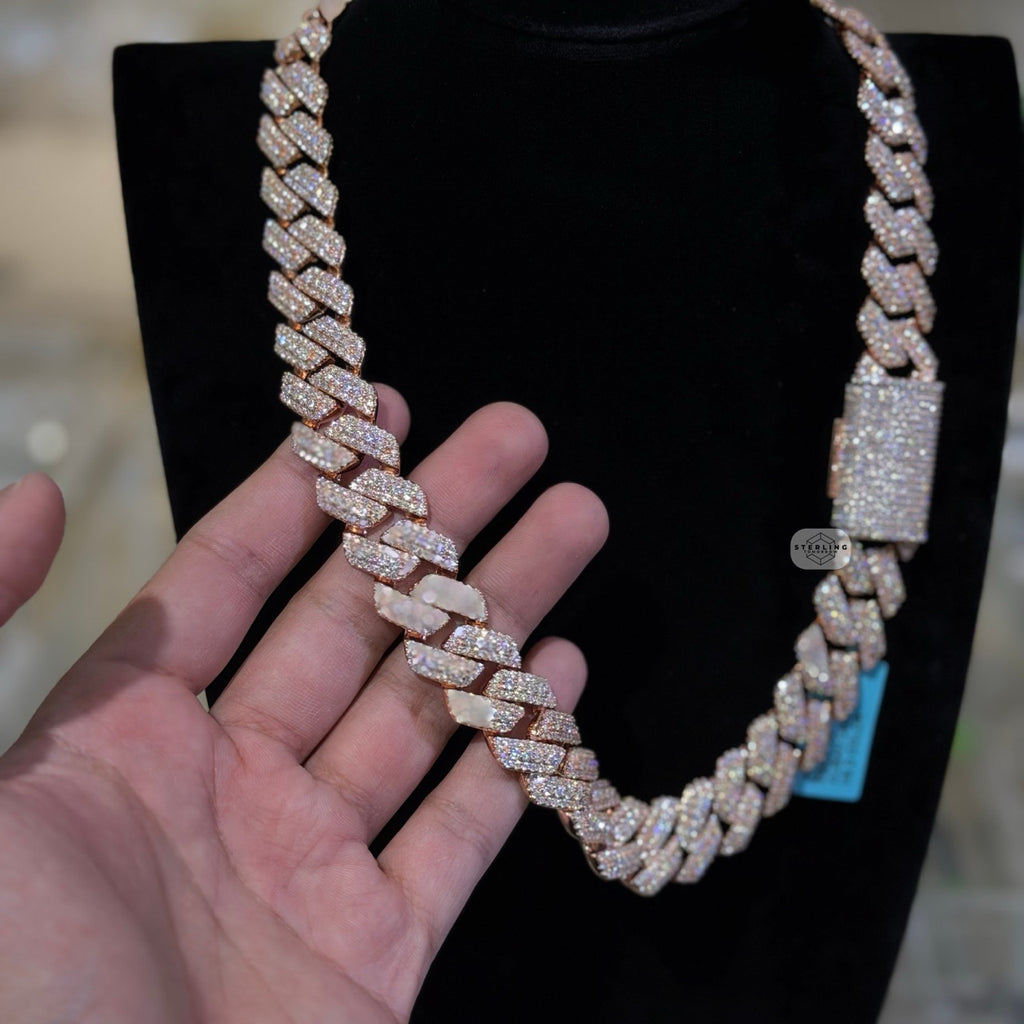 Moissanite 20mm Rose Gold over Silver 3D Cuban Chain