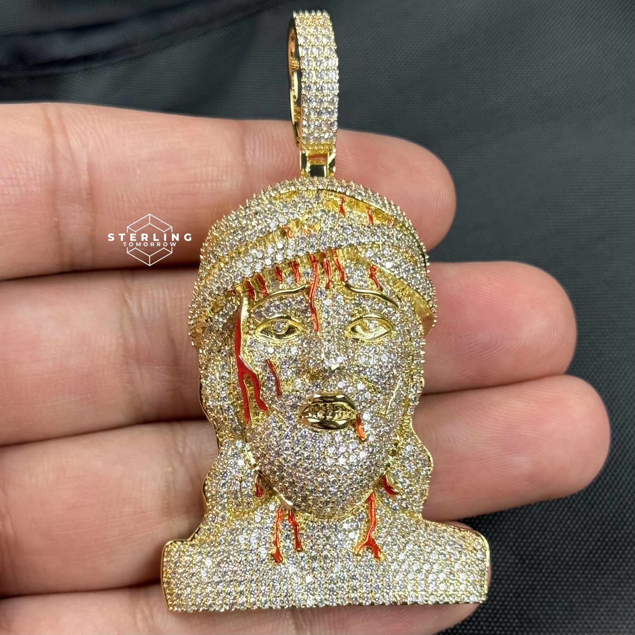 Jesus Pendant Iced Out with Blood Detail Gold Tone
