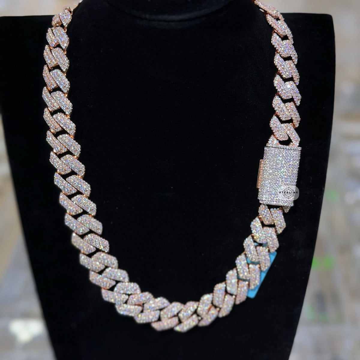 Moissanite 20mm Rose Gold over Silver 3D Cuban Chain