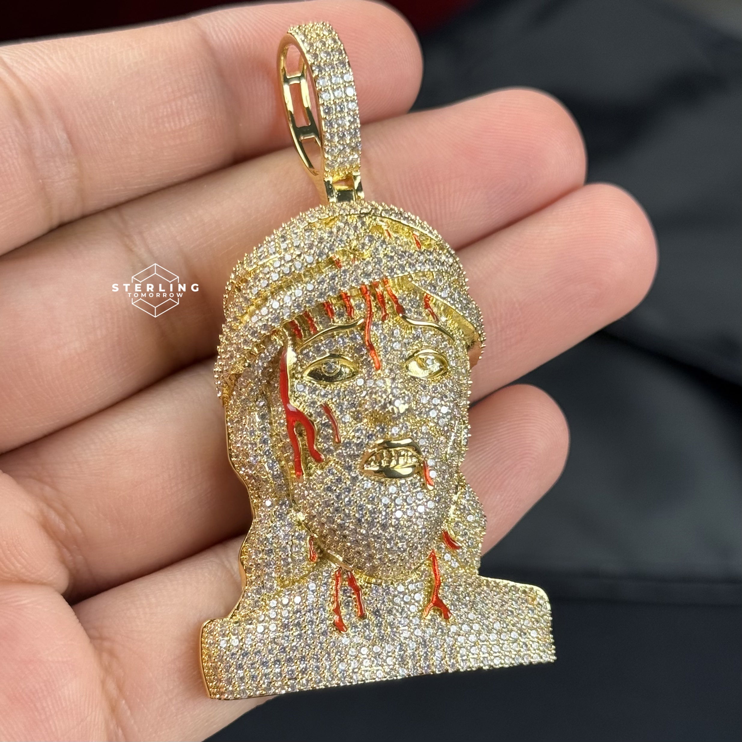 Jesus Pendant Iced Out with Blood Detail Gold Tone