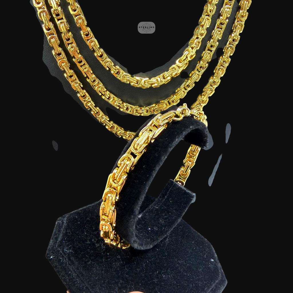 Gold 6mm Byzantine Chain Necklace or Bracelet, Mens 316L Stainless Steel, 14K Gold PVD Bonded, Waterproof Hypoallergenic Jewelry