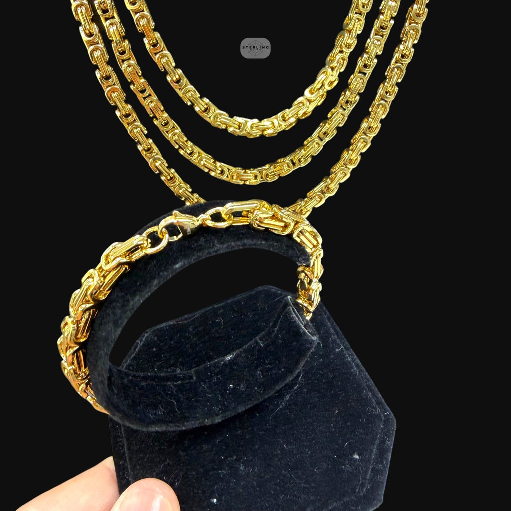 Gold 6mm Byzantine Chain Necklace or Bracelet, Mens 316L Stainless Steel, 14K Gold PVD Bonded, Waterproof Hypoallergenic Jewelry