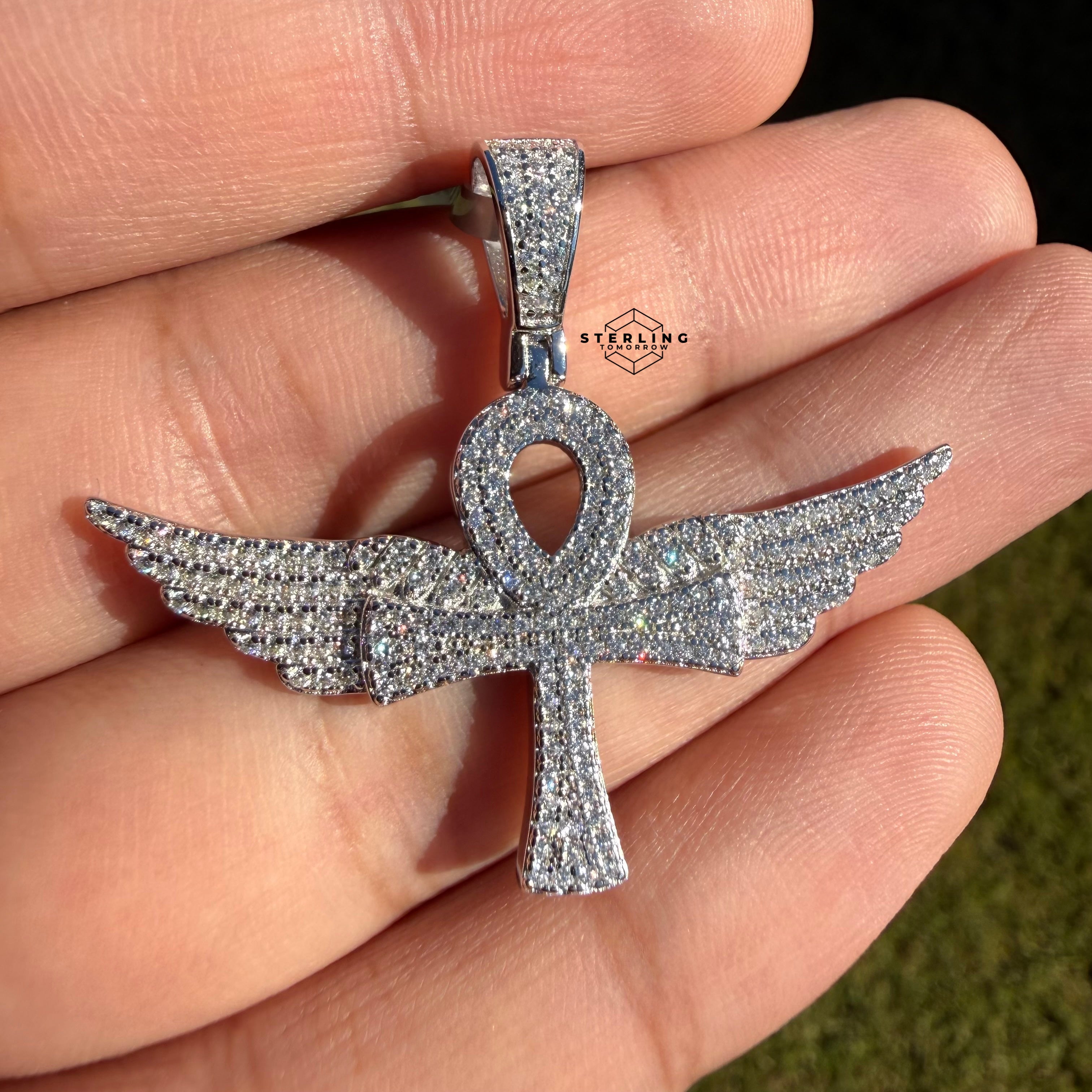 Moissanite VVS Wings Ankh Pendant 925 Silver Iced Out Free Steel Rope Chain