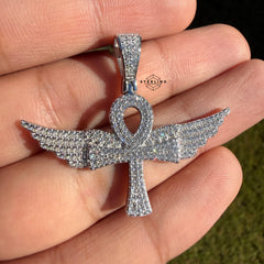 Moissanite VVS Wings Ankh Pendant 925 Silver Iced Out Free Steel Rope Chain