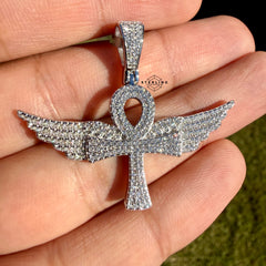 Moissanite VVS Wings Ankh Pendant 925 Silver Iced Out Free Steel Rope Chain