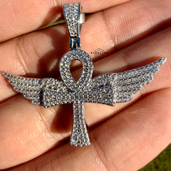 Moissanite VVS Wings Ankh Pendant 925 Silver Iced Out Free Steel Rope Chain