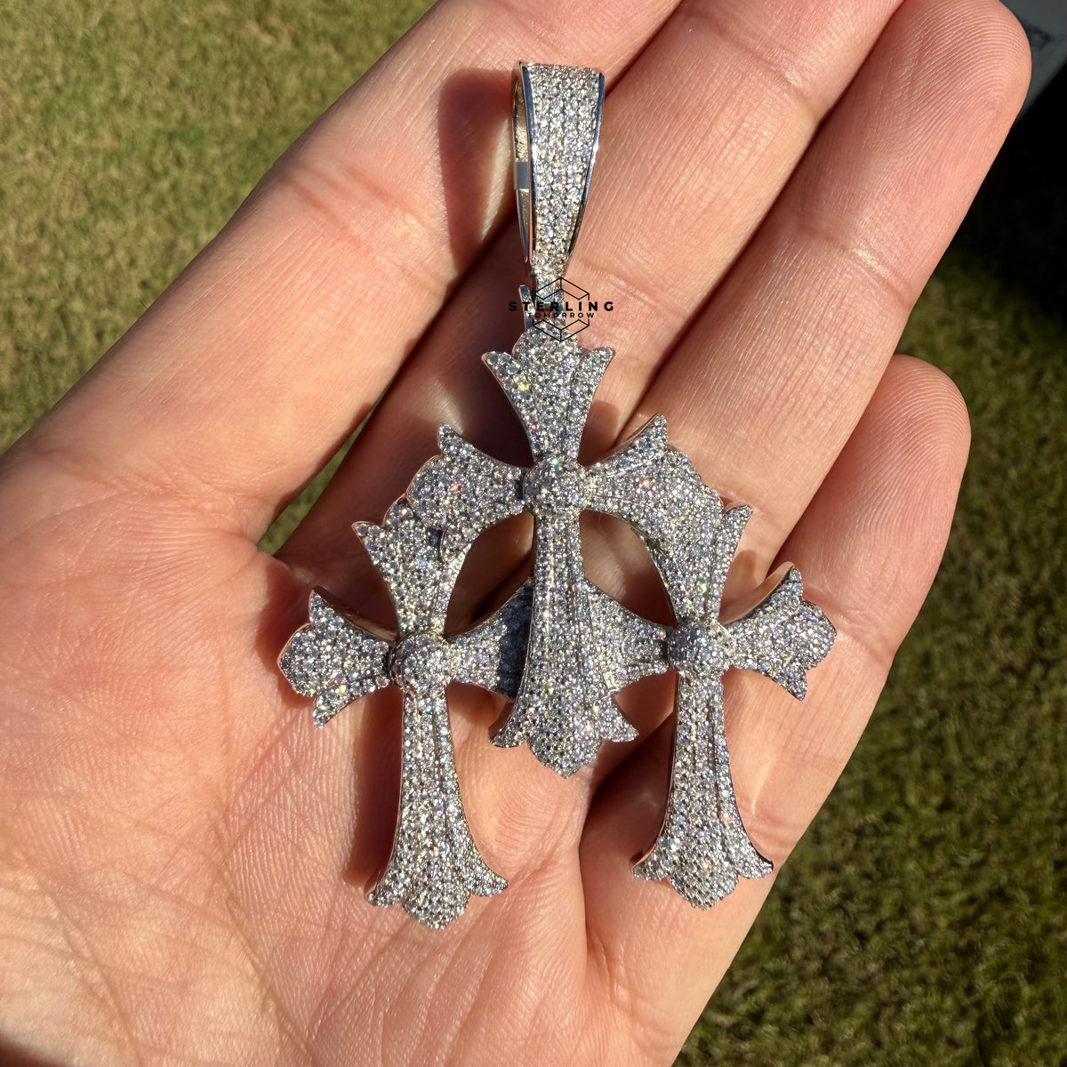 Moissanite Gothic Triple Cross Pendant 925 Silver Iced Out Steel Rope Chain