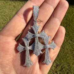 Moissanite Gothic Triple Cross Pendant 925 Silver Iced Out Steel Rope Chain