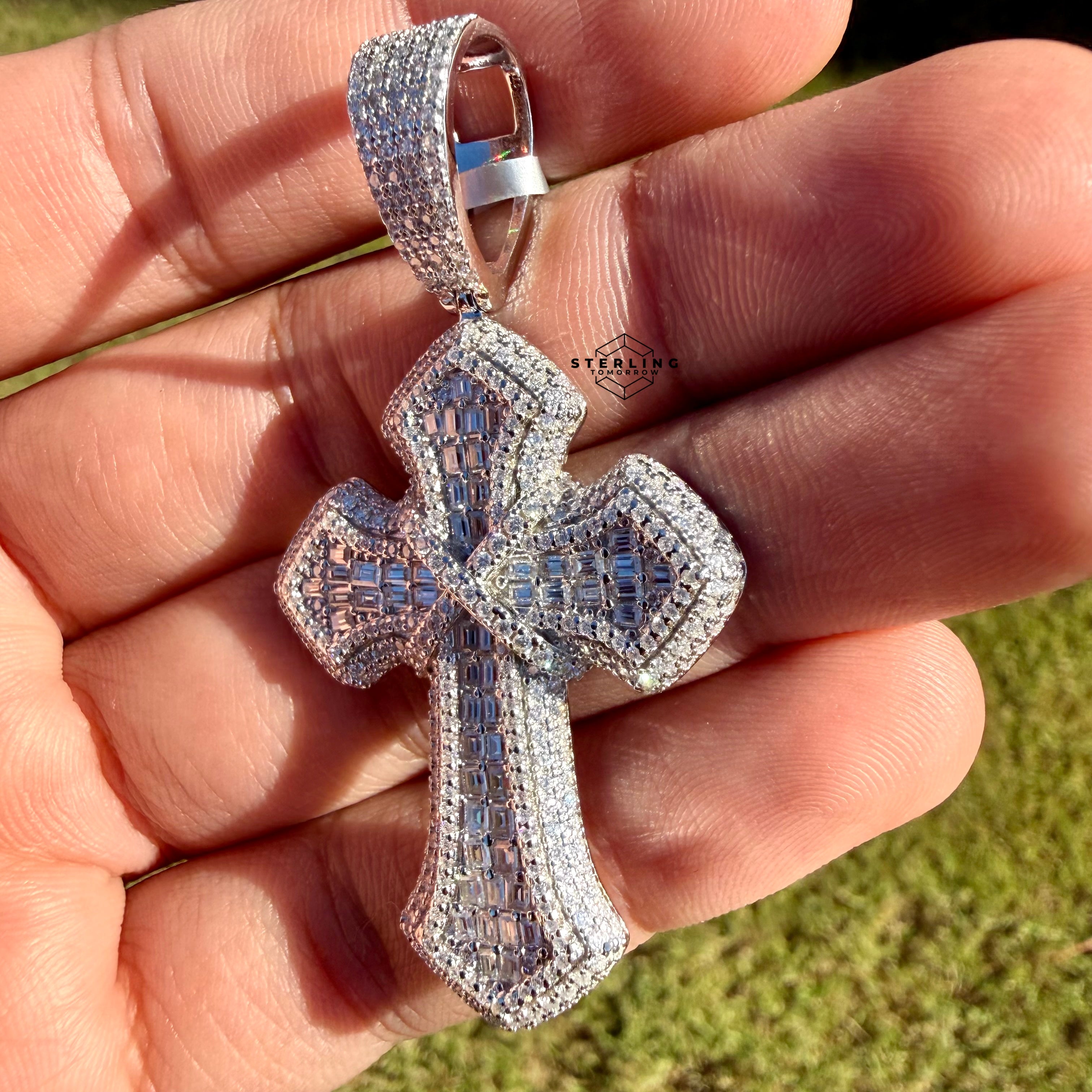 Moissanite Cross Pass Testers Iced Out Pendant 925 Silver + FREE Rope Chain Bling