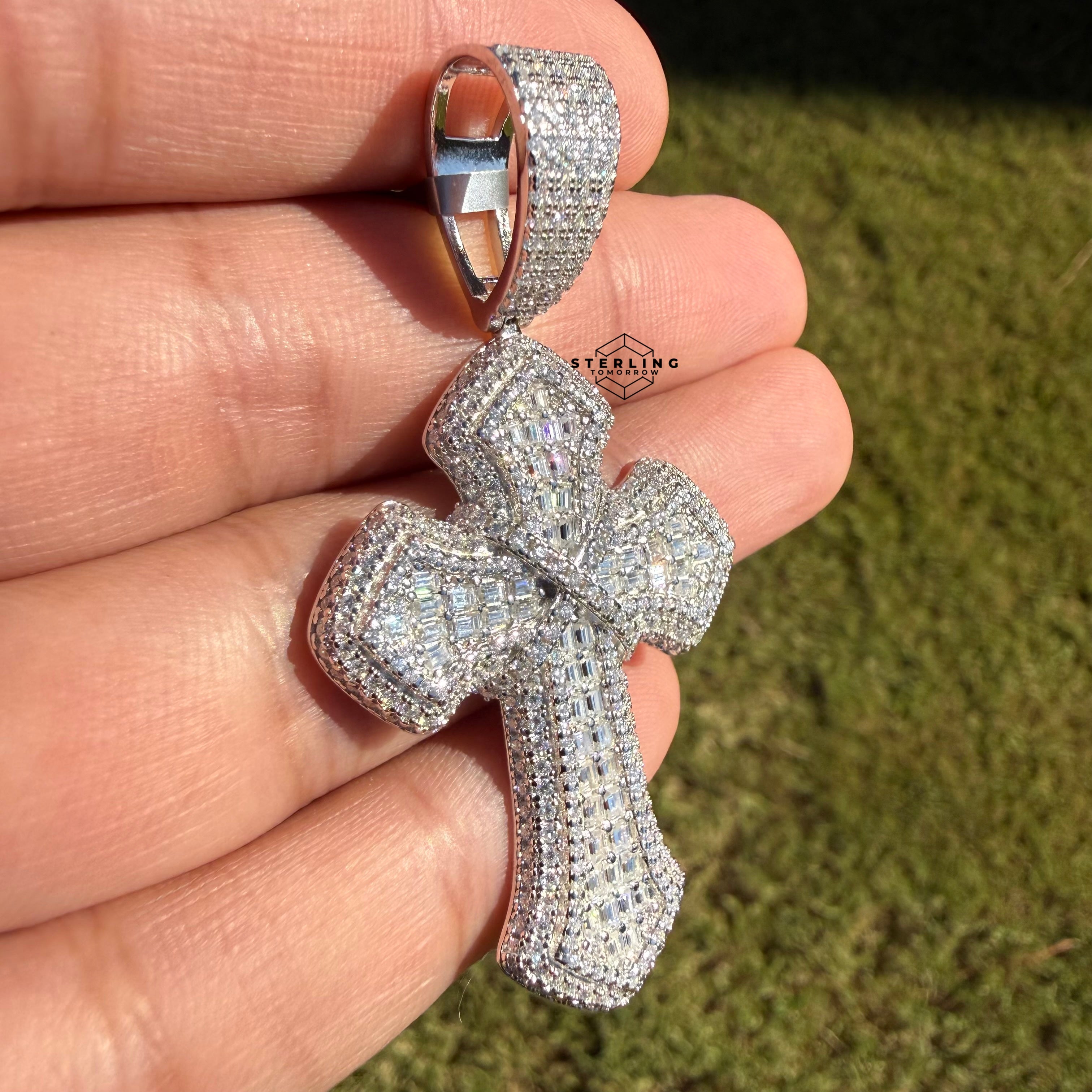 Moissanite Cross Pass Testers Iced Out Pendant 925 Silver + FREE Rope Chain Bling