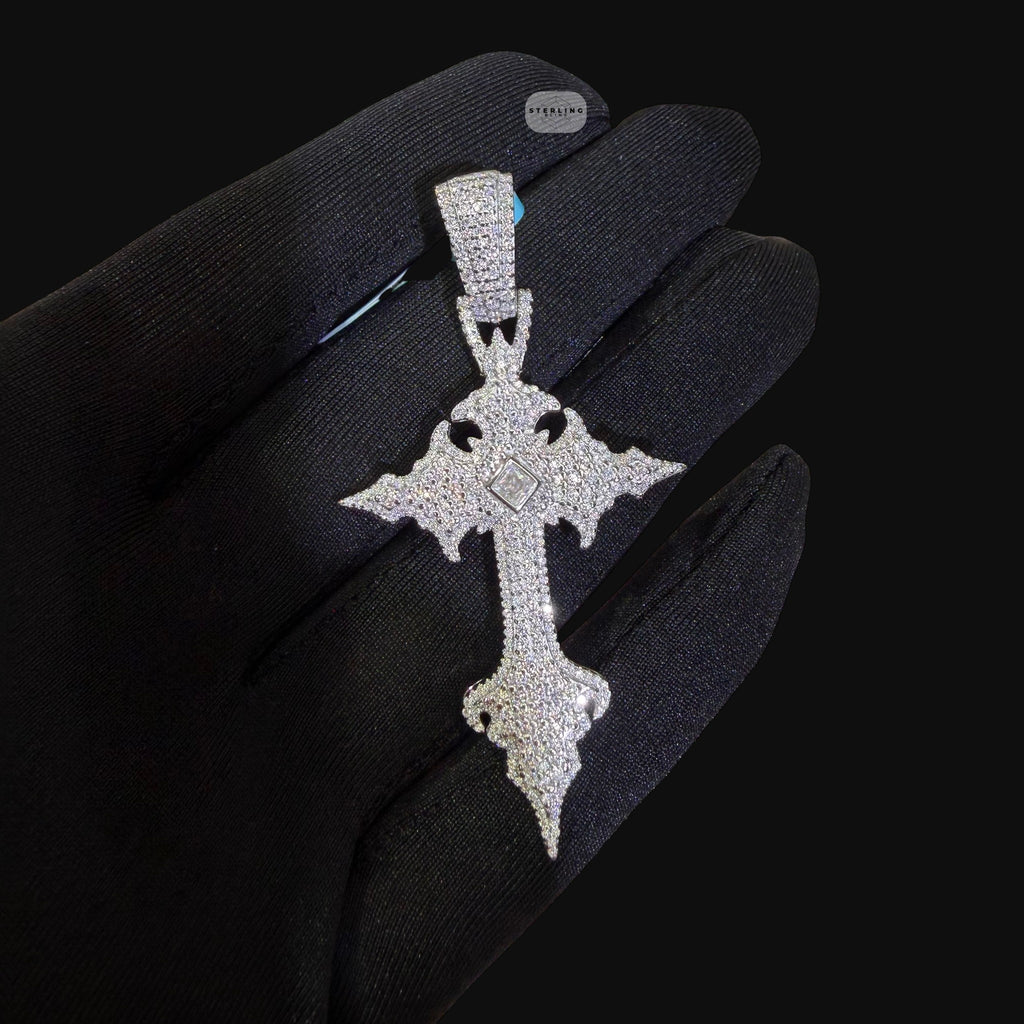 Moissanite Gothic Cross Pendant, Iced Out 925 Sterling Silver Hip Hop Necklace w 24" Rope Chain