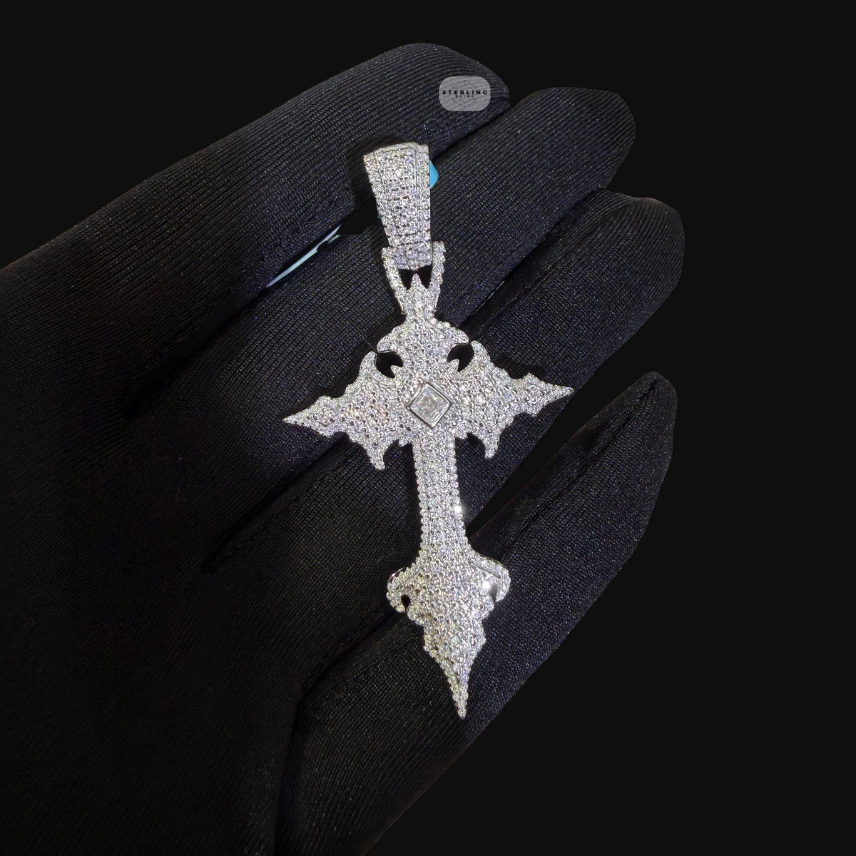 Moissanite Gothic Cross Pendant, Iced Out 925 Sterling Silver Hip Hop Necklace w 24" Rope Chain