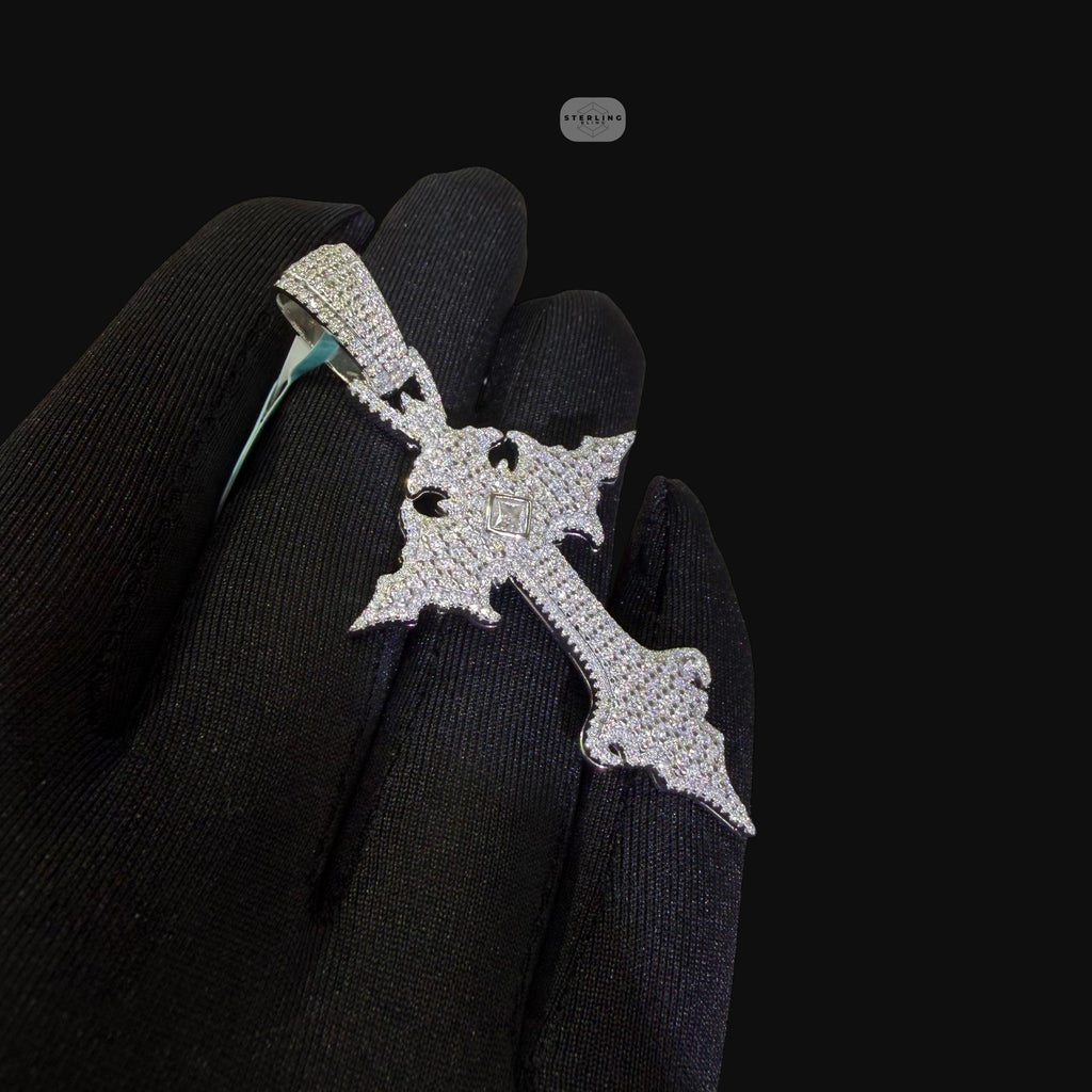 Moissanite Gothic Cross Pendant, Iced Out 925 Sterling Silver Hip Hop Necklace w 24" Rope Chain