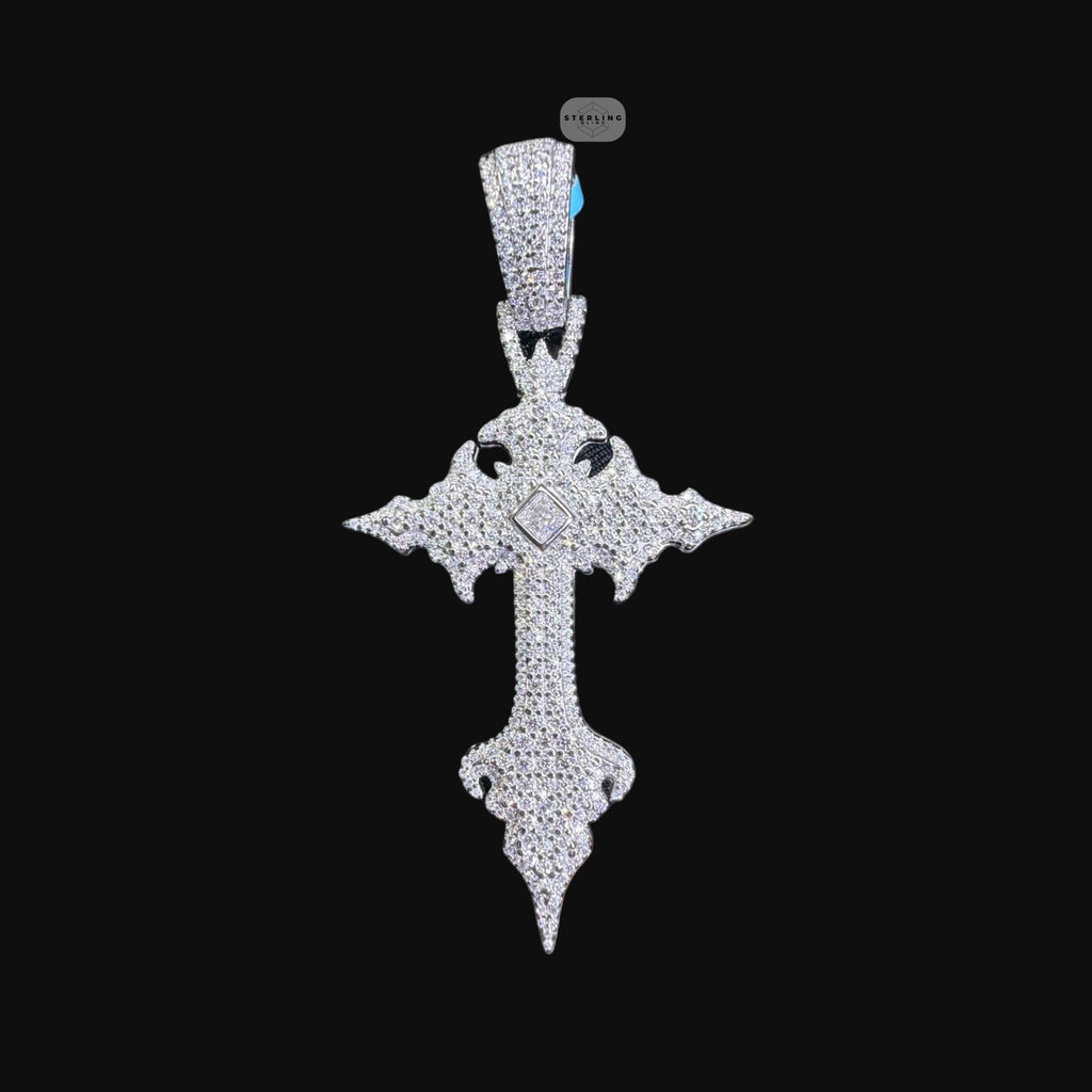 Moissanite Gothic Cross Pendant, Iced Out 925 Sterling Silver Hip Hop Necklace w 24" Rope Chain