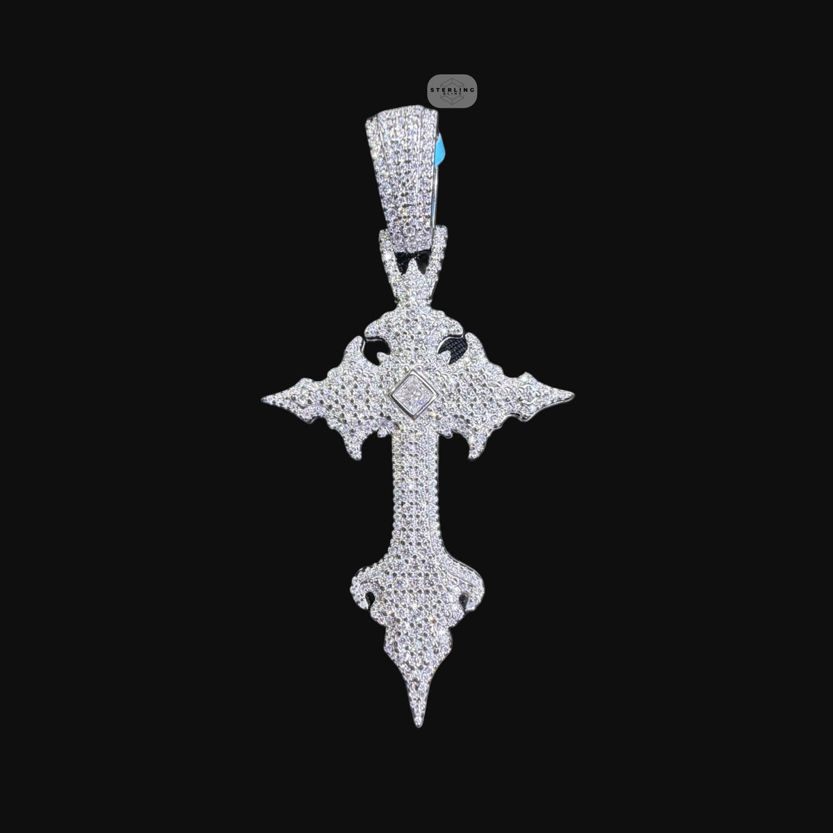 Moissanite Gothic Cross Pendant, Iced Out 925 Sterling Silver Hip Hop Necklace w 24" Rope Chain