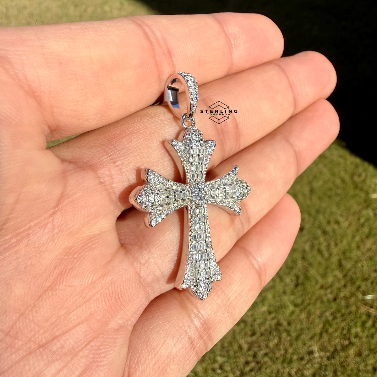 Moissanite Iced Out Chrome Cross Pendant 925 Sterling Silver, Passes Diamond Tester, GRA Certified, Gothic Cross Necklace, Free Steel Rope Chain