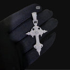 Moissanite Gothic Cross Pendant, Iced Out 925 Sterling Silver Hip Hop Necklace w 24" Rope Chain