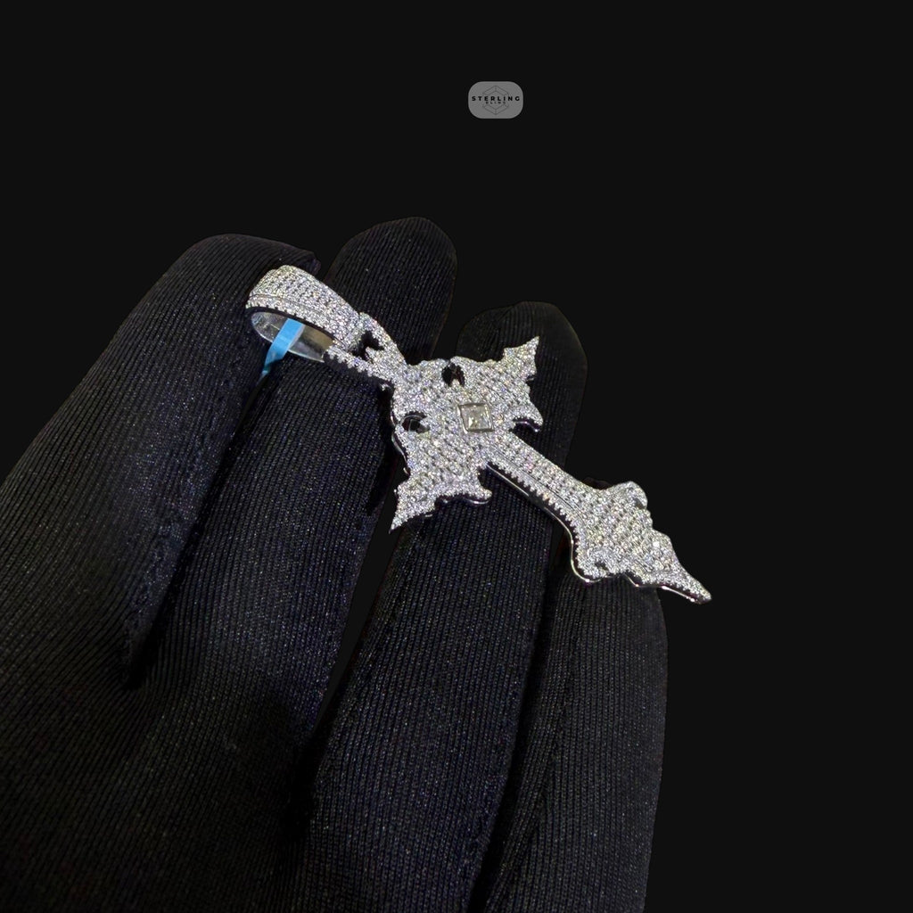 Moissanite Gothic Cross Pendant, Iced Out 925 Sterling Silver Hip Hop Necklace w 24" Rope Chain