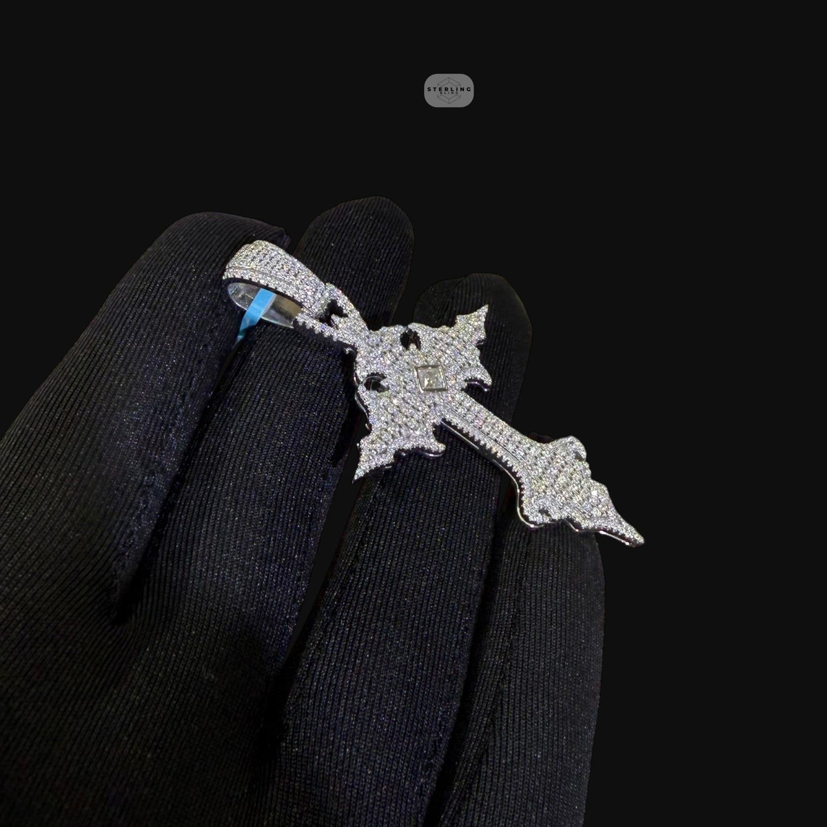 Moissanite Gothic Cross Pendant, Iced Out 925 Sterling Silver Hip Hop Necklace w 24" Rope Chain