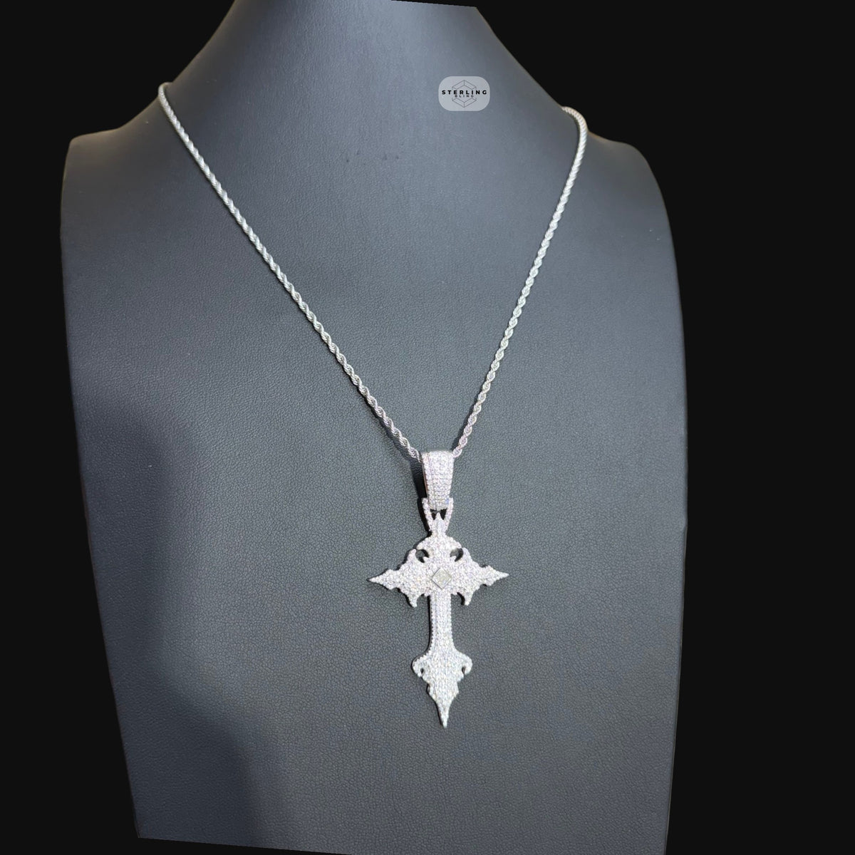 Moissanite Gothic Cross Pendant, Iced Out 925 Sterling Silver Hip Hop Necklace w 24" Rope Chain