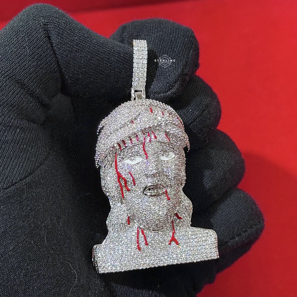 Jesus Pendant Iced Out with Blood Detail Silver Tone