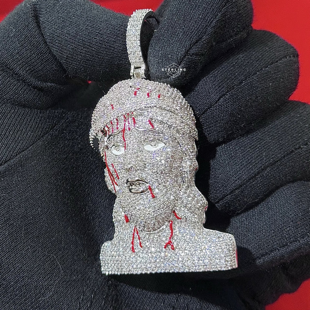 Jesus Pendant Iced Out with Blood Detail Silver Tone