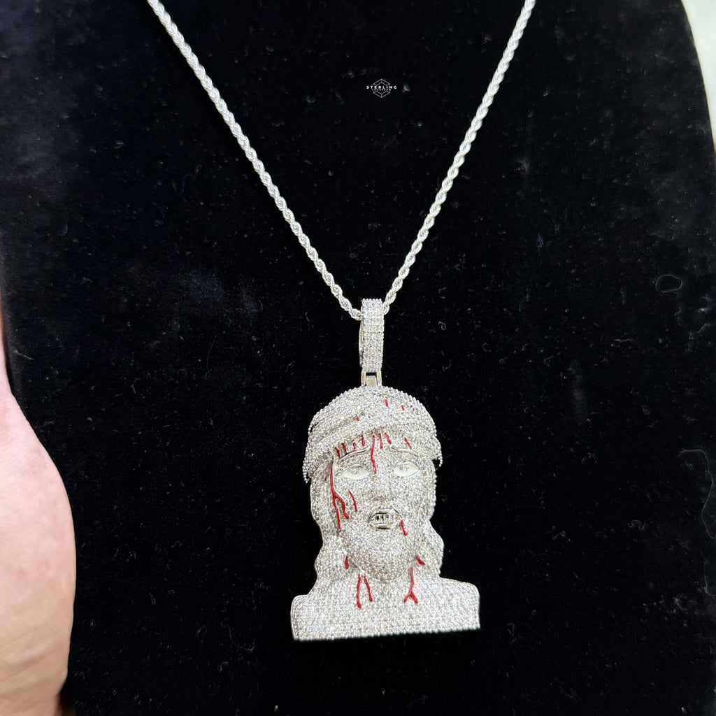 Jesus Pendant Iced Out with Blood Detail Silver Tone
