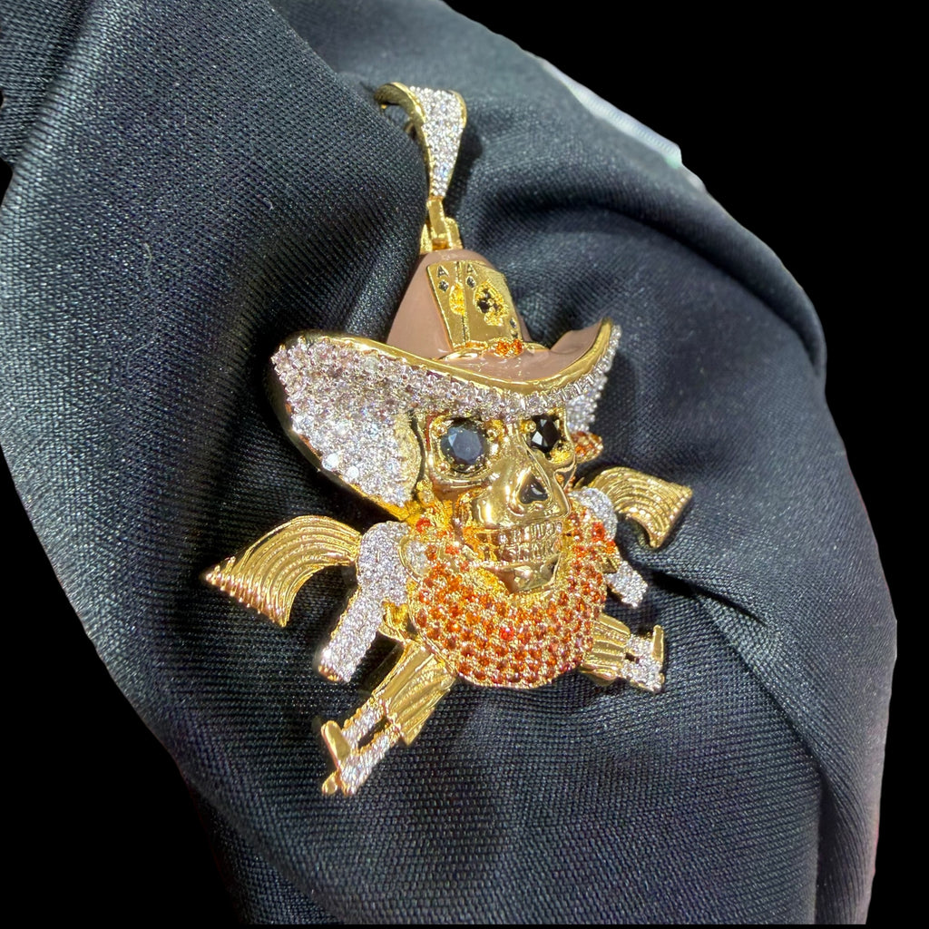 Gold Iced Out Cowboy Skull Pendant