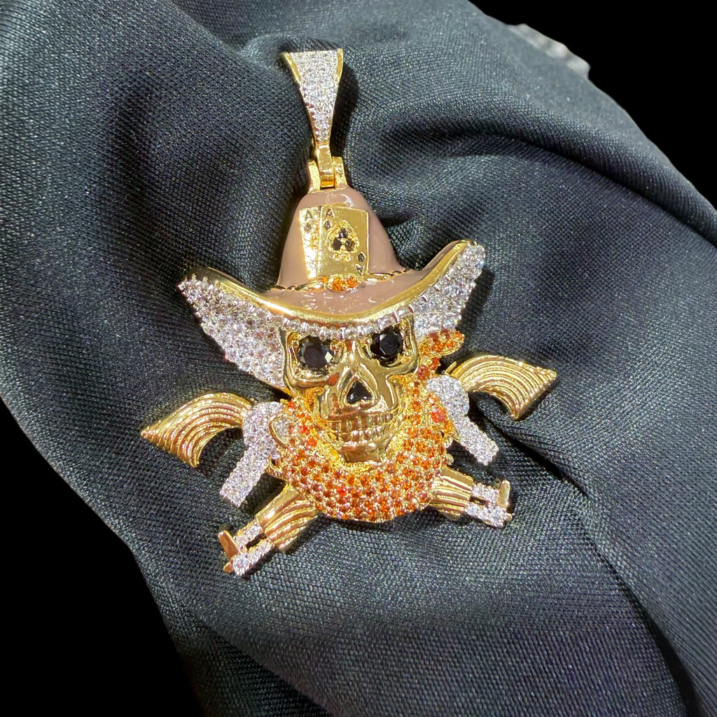 Gold Iced Out Cowboy Skull Pendant