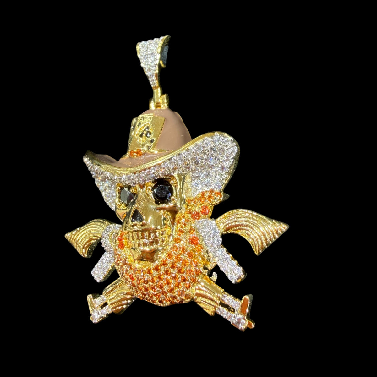Gold Iced Out Cowboy Skull Pendant