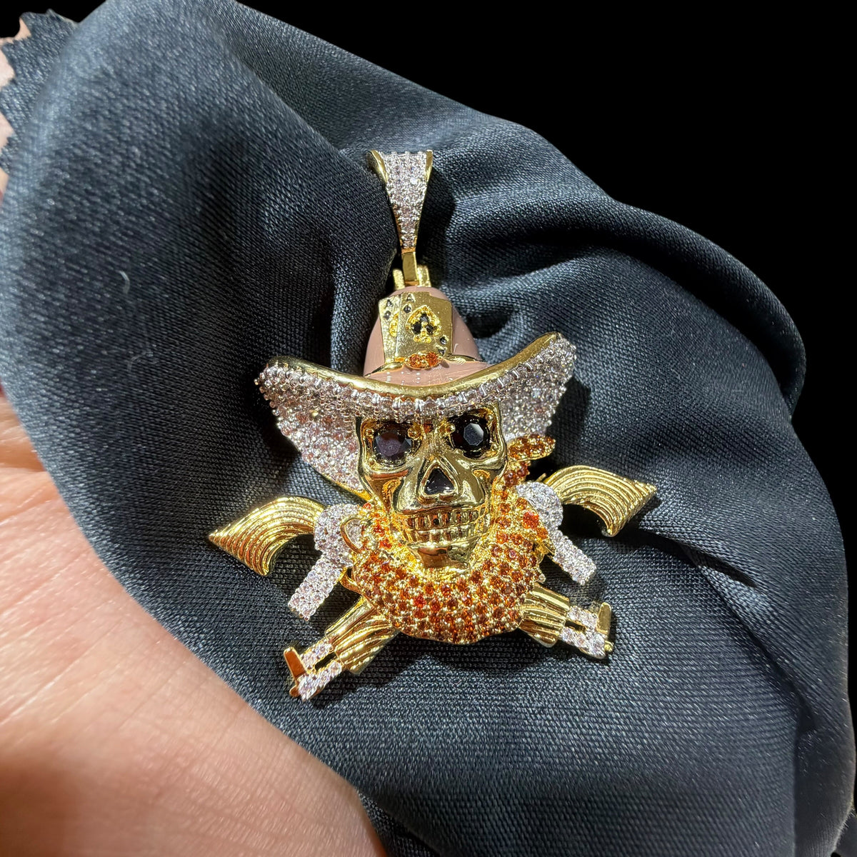 Gold Iced Out Cowboy Skull Pendant