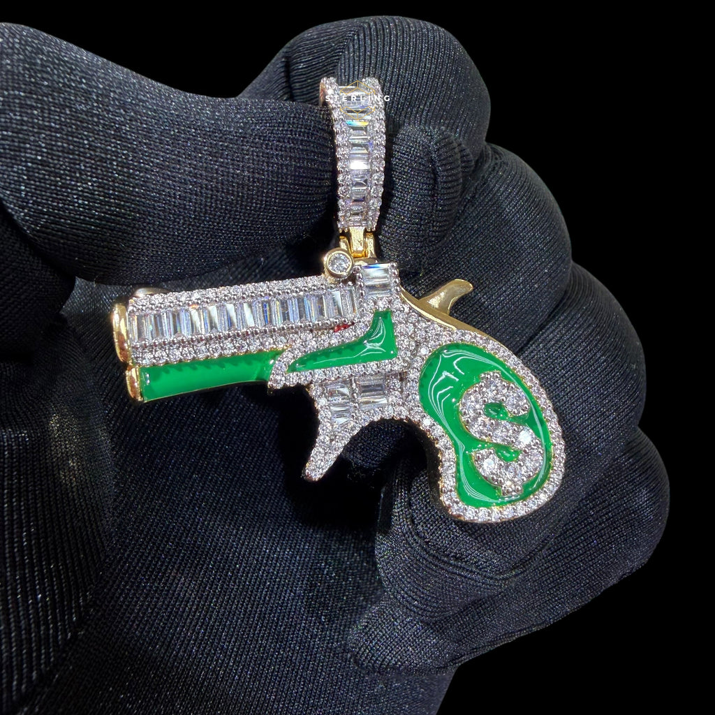 14K Gold Plated Iced Out Money Gun Pendant | Green Enamel CZ Diamond Hip Hop Necklace | Free 22" Stainless Rope Chain