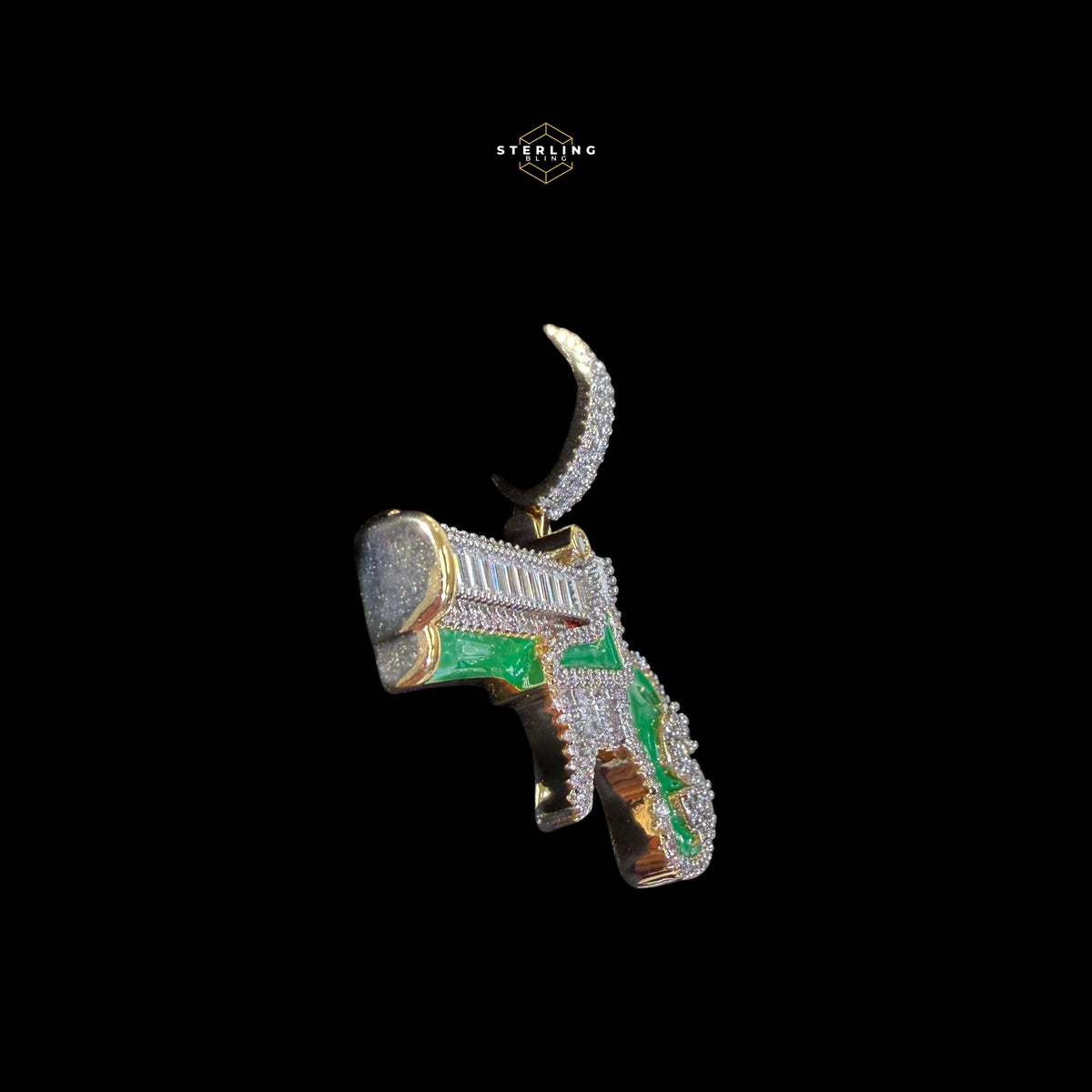 14K Gold Plated Iced Out Money Gun Pendant | Green Enamel CZ Diamond Hip Hop Necklace | Free 22" Stainless Rope Chain
