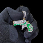 14K Gold Plated Iced Out Money Gun Pendant | Green Enamel CZ Diamond Hip Hop Necklace | Free 22" Stainless Rope Chain