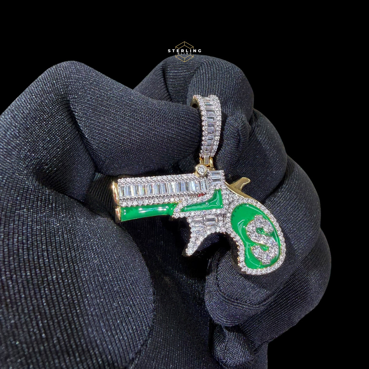 14K Gold Plated Iced Out Money Gun Pendant | Green Enamel CZ Diamond Hip Hop Necklace | Free 22" Stainless Rope Chain